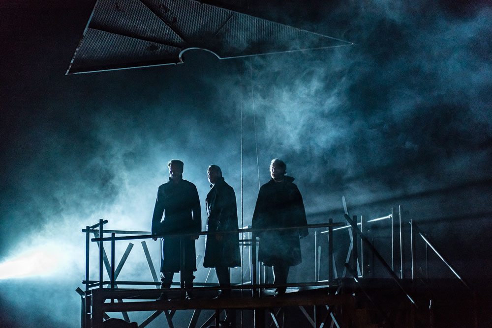 The Lighthouse by Peter Maxwell Davies; Jette Parker Young Artists; Linbury Studio Theatre; Royal Opera House; Covent Garden; London, UK; 21 October 2015; Left to right: Blazes, Second Officer - Yuriy Yurchuk; Sandy, First Officer - Samuel Sakker; Arthur, Third Officer - David Shipley; Conductor - Jonathan Santagada; Director - Greg Eldridge; Designer - Alyson Cummins; Lighting designer - Warren Letton; Photo: © ROH Photographer: CLIVE BARDA